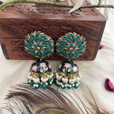 Vriksham Green Meenakari Lotus Handpainted Floral Dome With Pearl & Green Beads Jhumka-G20164